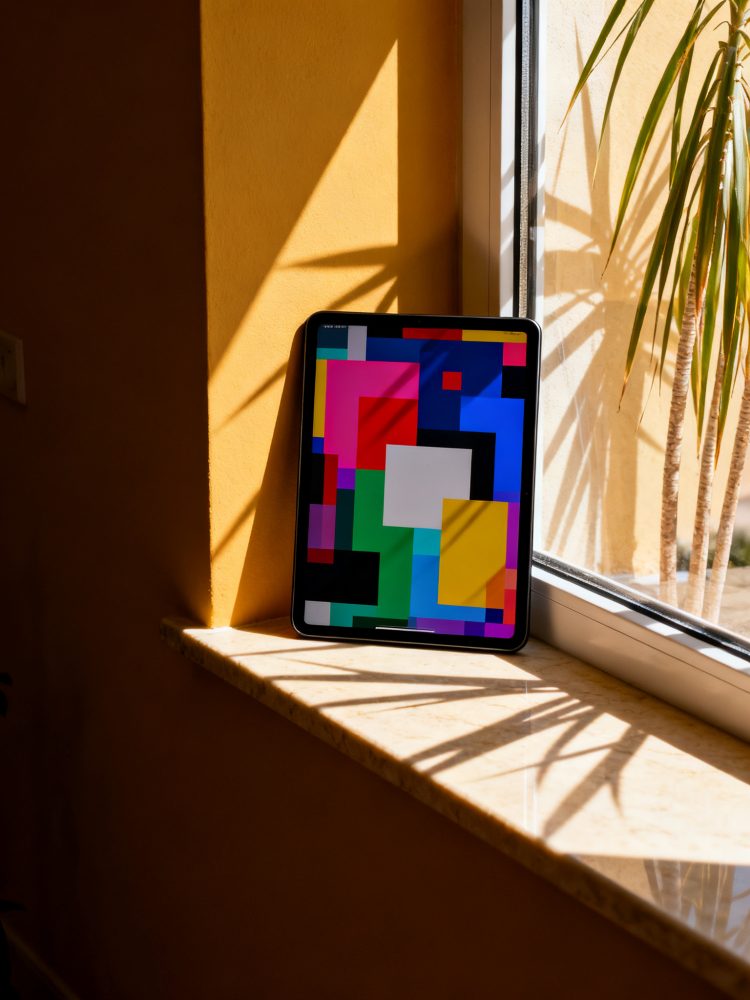 Tablet com ecrã colorido apoiado numa janela com luz e sombras de plantas