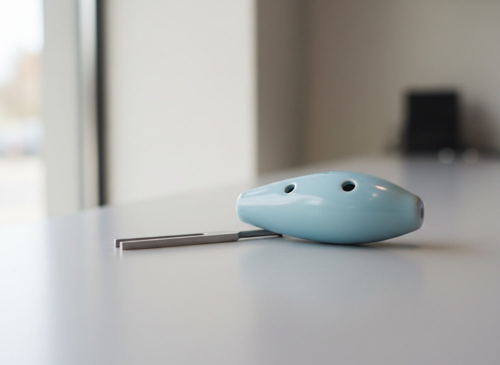 Ocarina azul claro com afinador metálico em superfície branca em ambiente moderno e minimalista