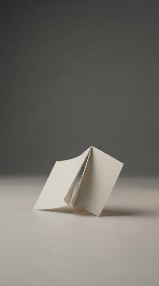 Estrutura abstrata em papel branco dobrado sobre superfície neutra cinza clara