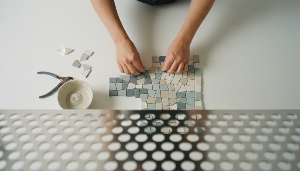 Mãos a montar mosaico colorido com azulejos pequenos sobre bancada clara, alicate e cola à vista