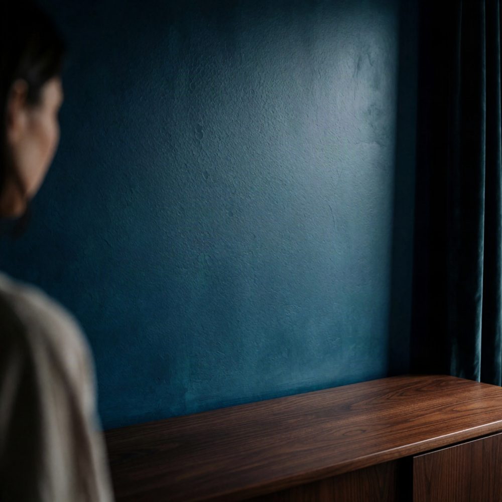 Parede azul texturada com superfície de móvel de madeira escura e figura desfocada à esquerda
