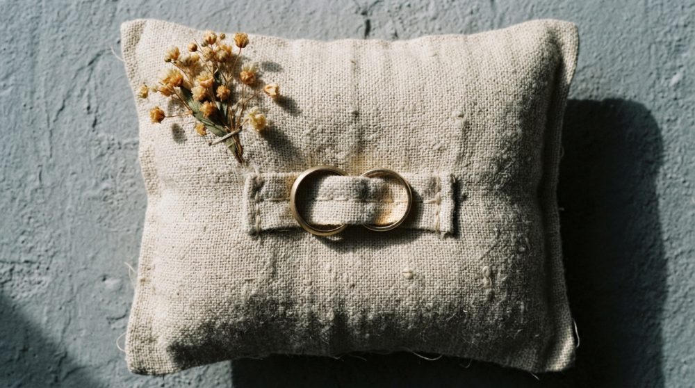 Almofada rústica bege com duas alianças douradas e flores secas para casamento