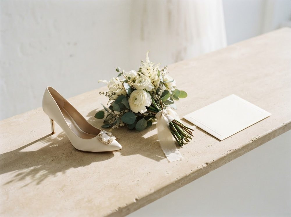 Sapato branco de salto alto, bouquet de flores brancas e envelope sobre superfície clara