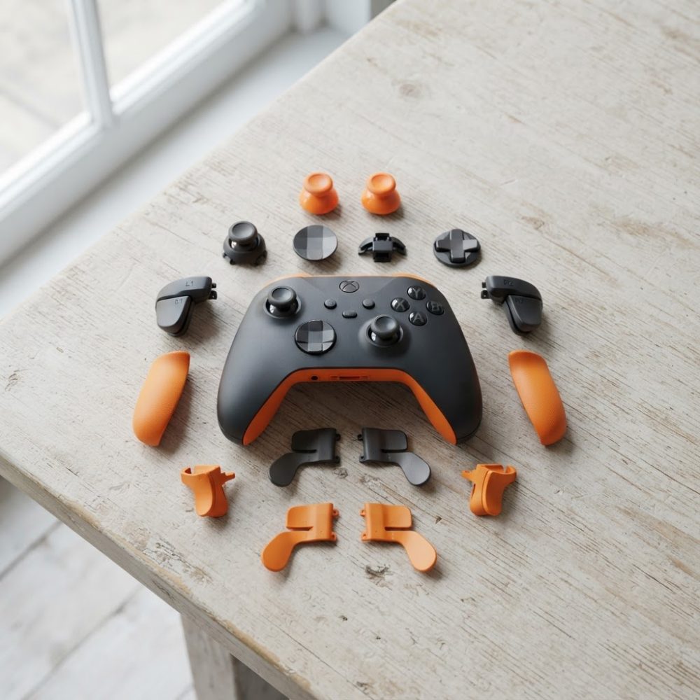 Comando de videojogo preto com peças desmontadas laranja e pretas numa mesa de madeira clara