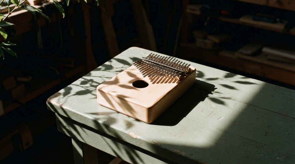 Instrumento musical kalimba em madeira sobre mesa verde com luz e sombras de folhas