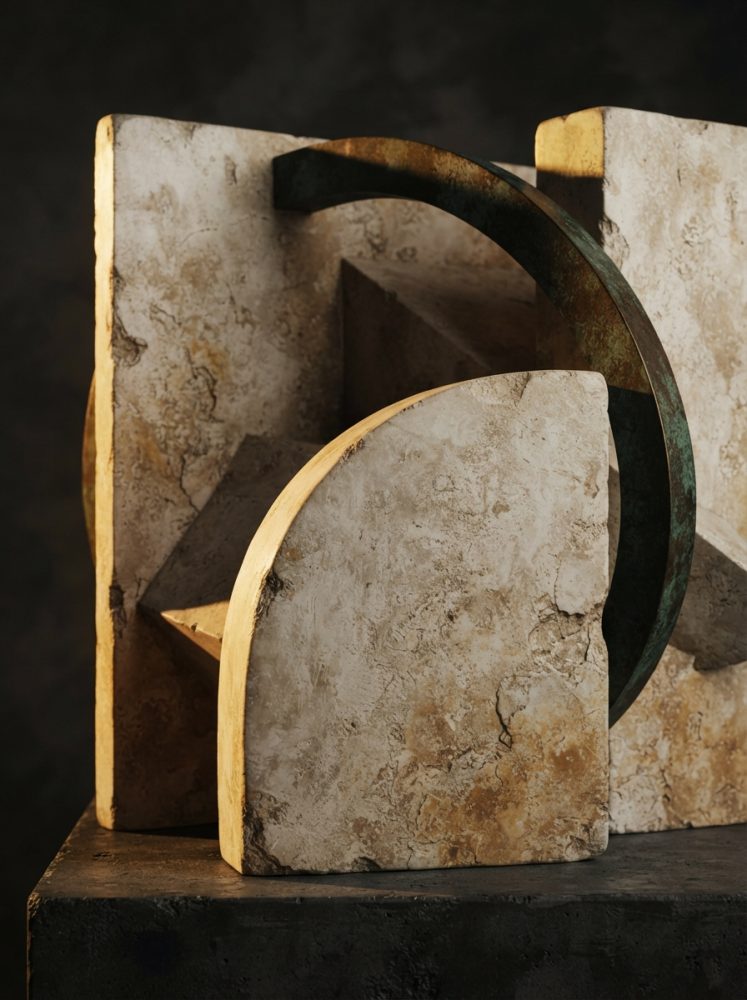 Escultura abstrata com formas geométricas em pedra texturizada e arco metálico enferrujado