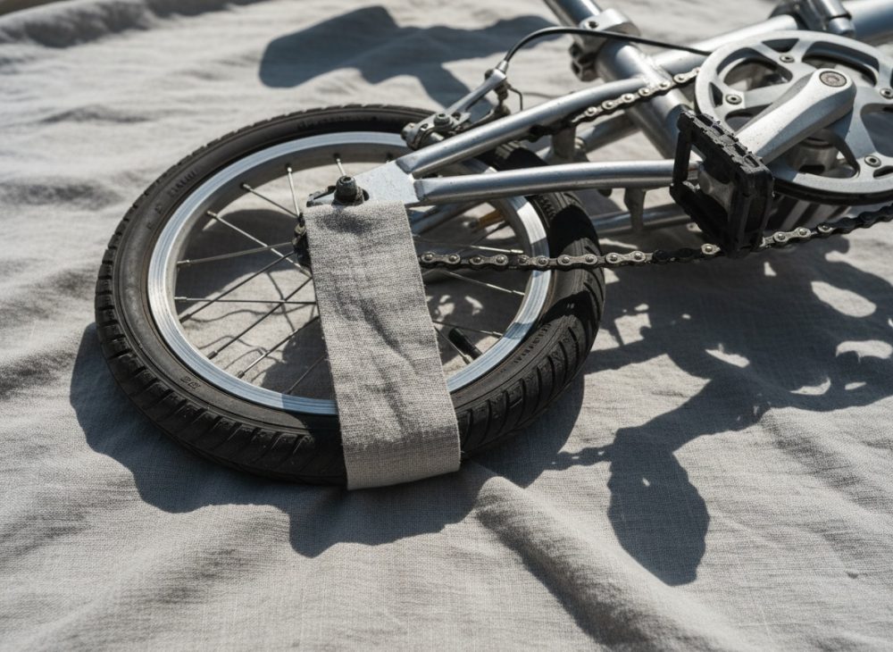 Bicicleta dobrável com roda preta presa por faixa de tecido cinza sobre tecido cinzento