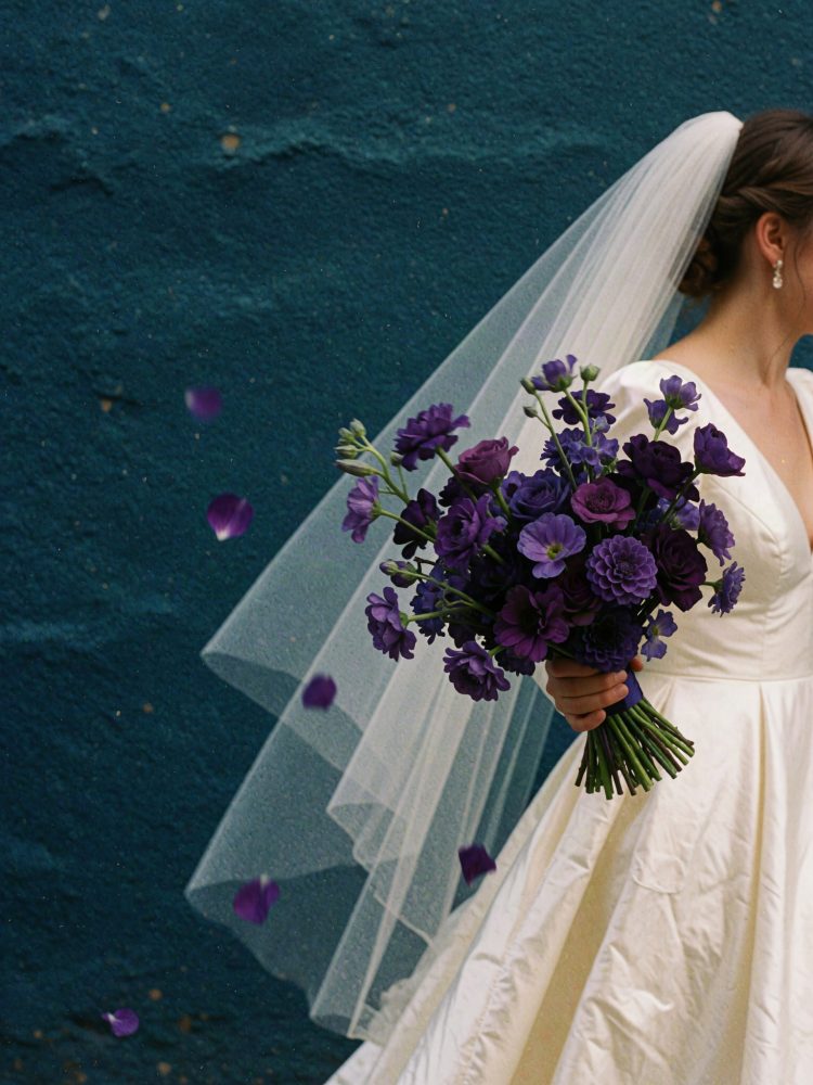 Noiva com vestido branco e véu segurando ramo de flores roxas contra parede azul