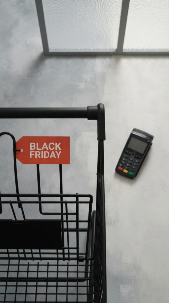 Carrinho de compras com etiqueta Black Friday e terminal de pagamento sobre chão cinzento
