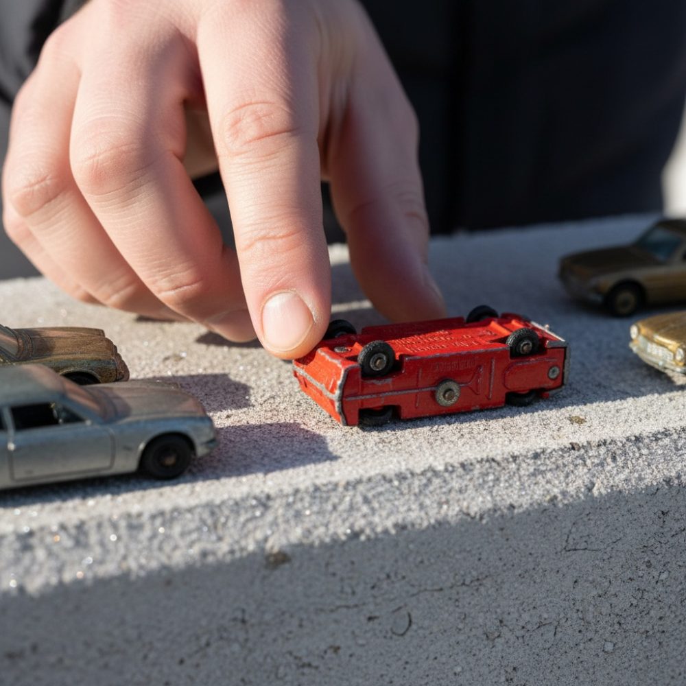 Mão a manusear um carro em miniatura vermelho virado ao contrário entre vários carros sobre cimento