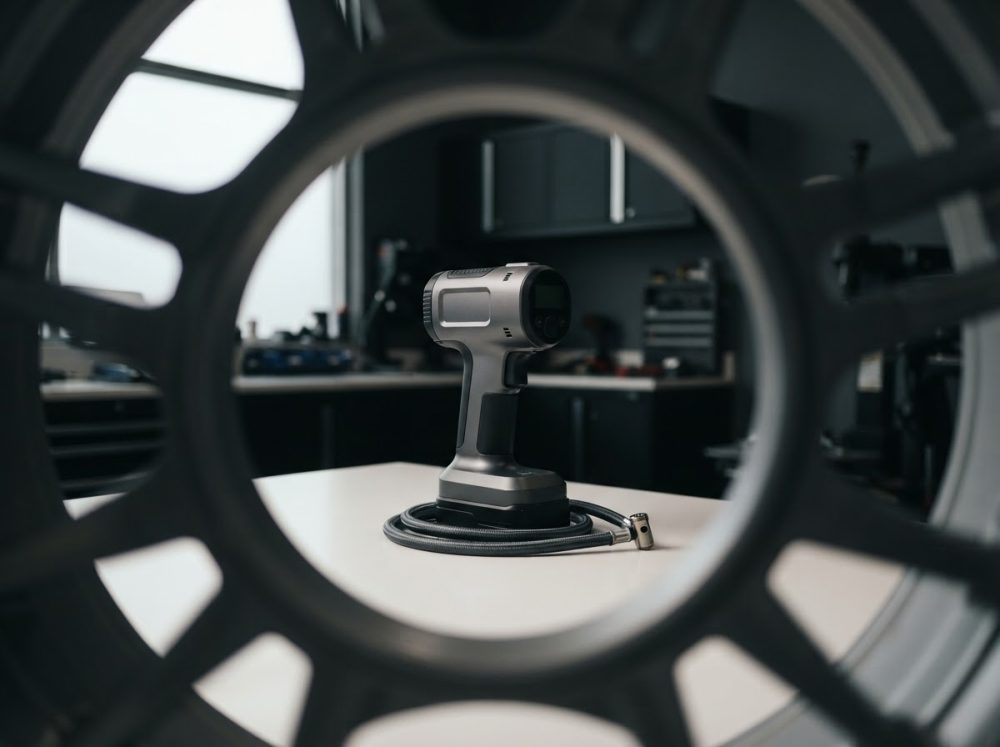 Chave de impacto elétrica sobre mesa vista através do aro de uma roda metálica na oficina automóvel