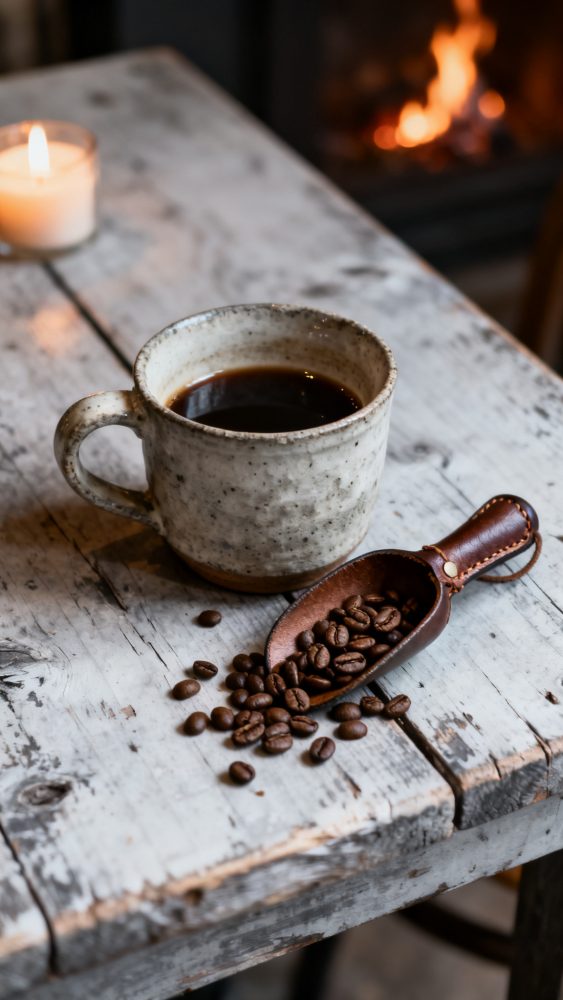 Chávena de café preto numa mesa rústica com colher de couro e grãos de café com lareira ao fundo