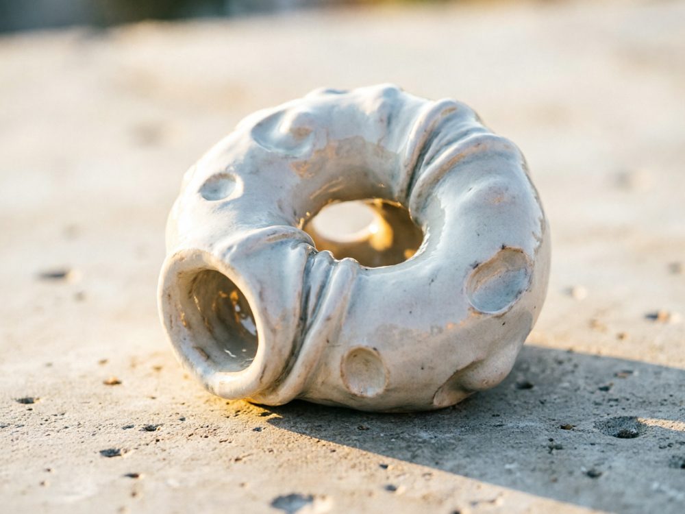 Escultura cerâmica abstrata em forma de anel com vários orifícios sobre superfície texturada