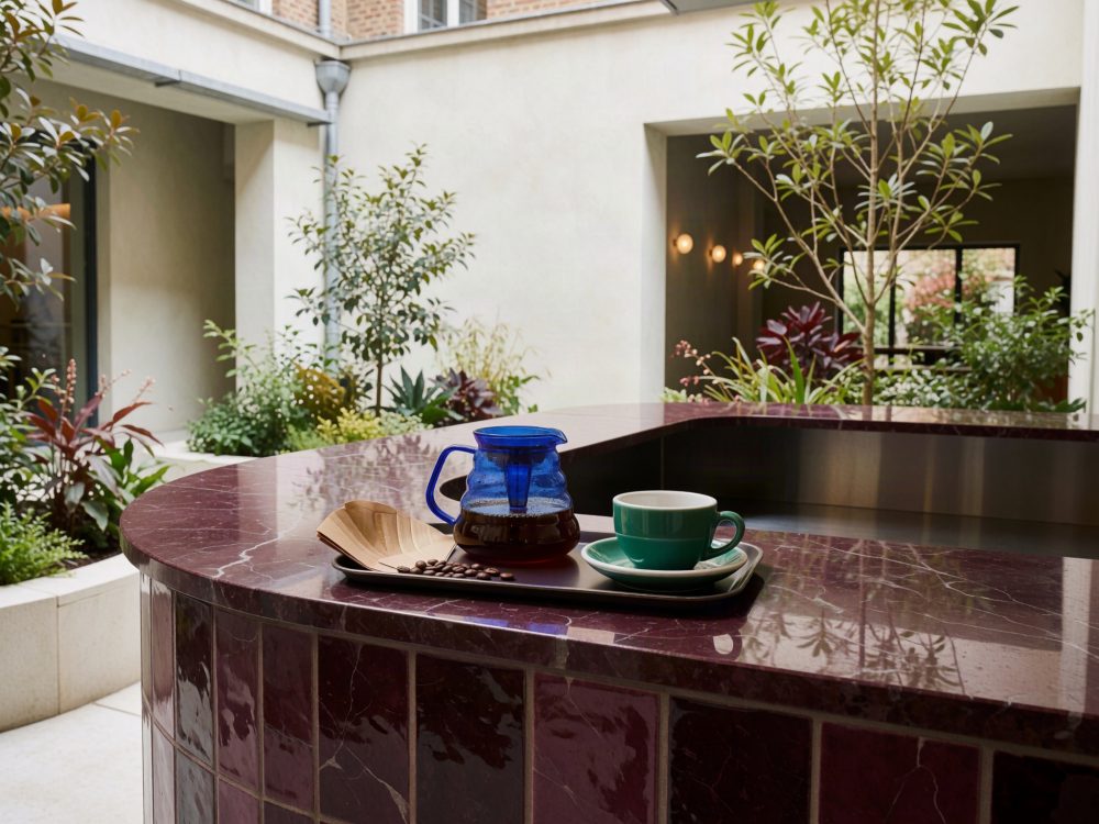 Balcão de mármore com jarro azul de café e chávena verde numa área com plantas interiores