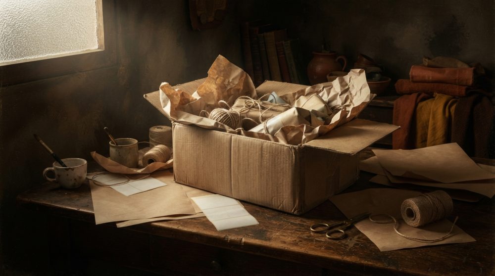 Caixa de papelão aberta com embalagens de papel e cordas numa mesa de madeira antiga junto a uma janela
