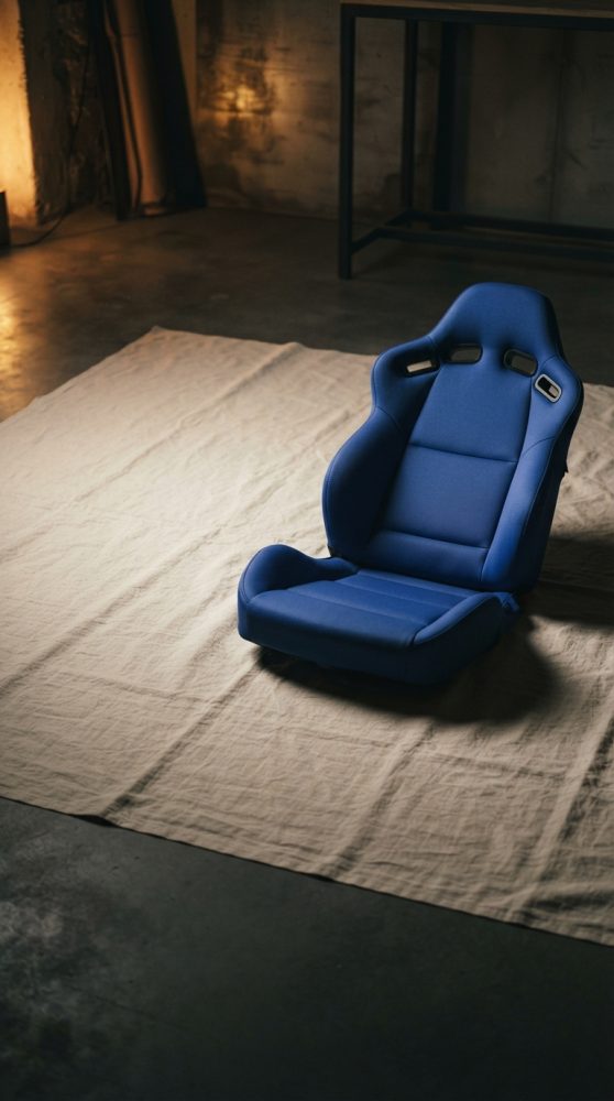Banco desportivo azul para automóvel colocado em chão com pano claro e ambiente industrial