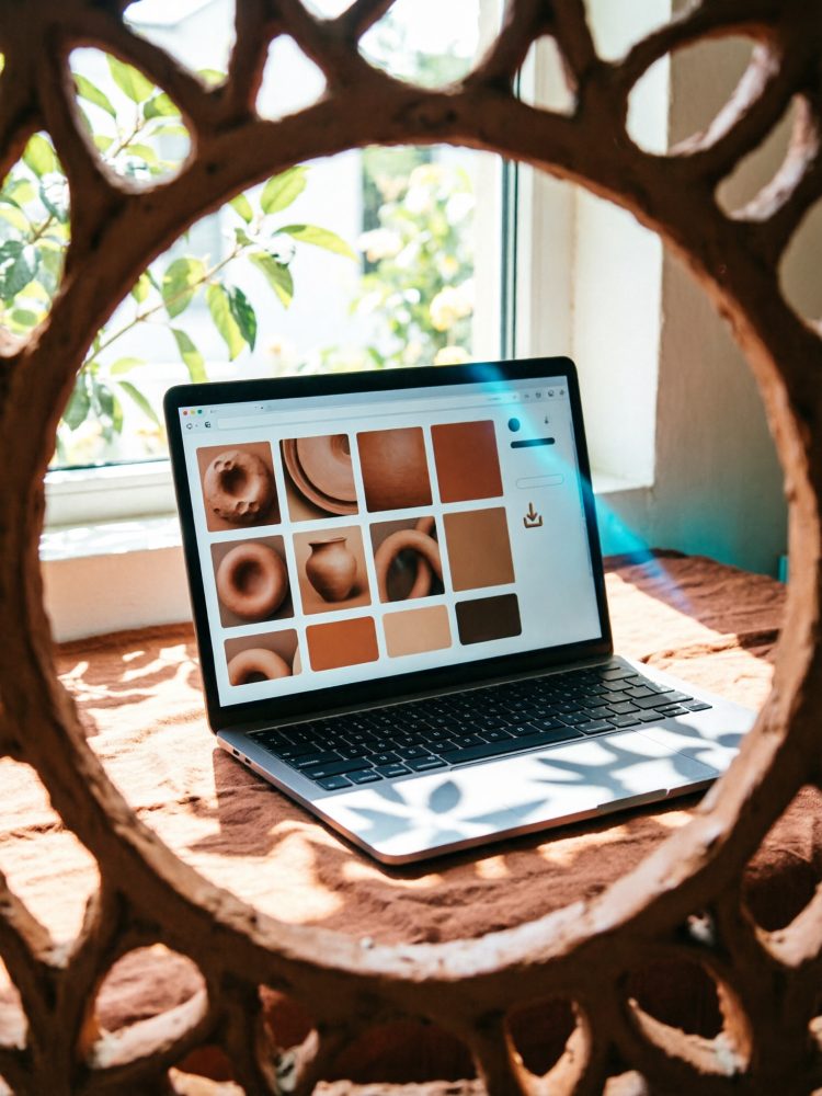 Computador portátil com galeria digital de arte em cerâmica visto através de estrutura circular rústica junto a janela