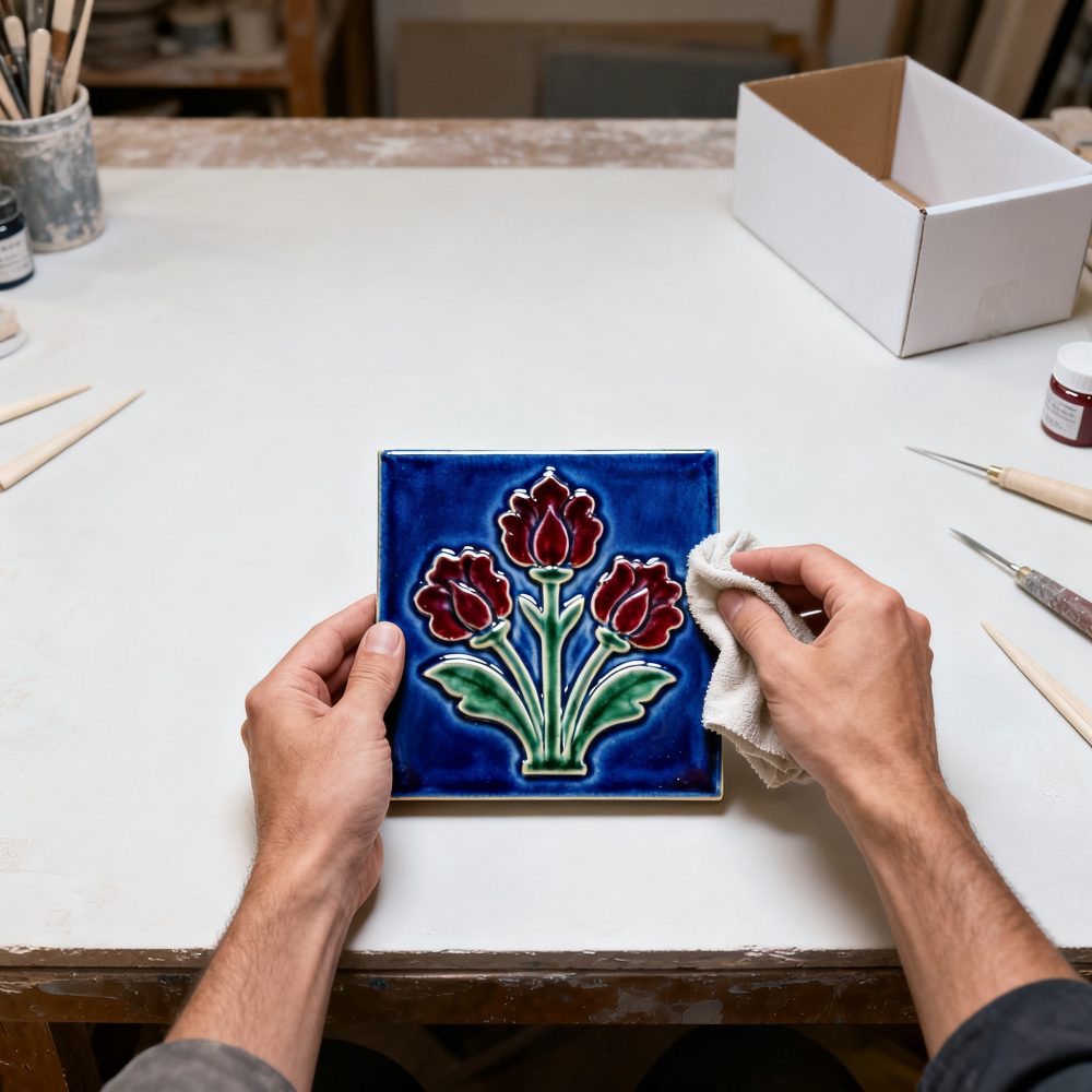 Mãos seguram e limpam azulejo decorativo com flores vermelhas e folhas verdes em fundo azul