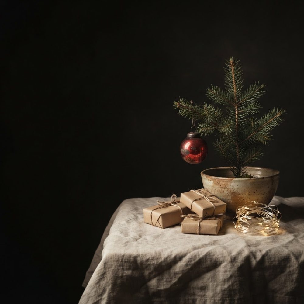Pequena árvore de Natal com bola vermelha, presentes embrulhados em papel castanho e luzes de fada numa mesa com tecido linho.