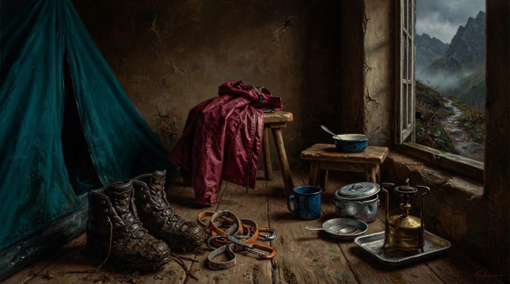 Botas, jaqueta, utensílios de cozinha e tenda numa cabana rústica com vista para montanha
