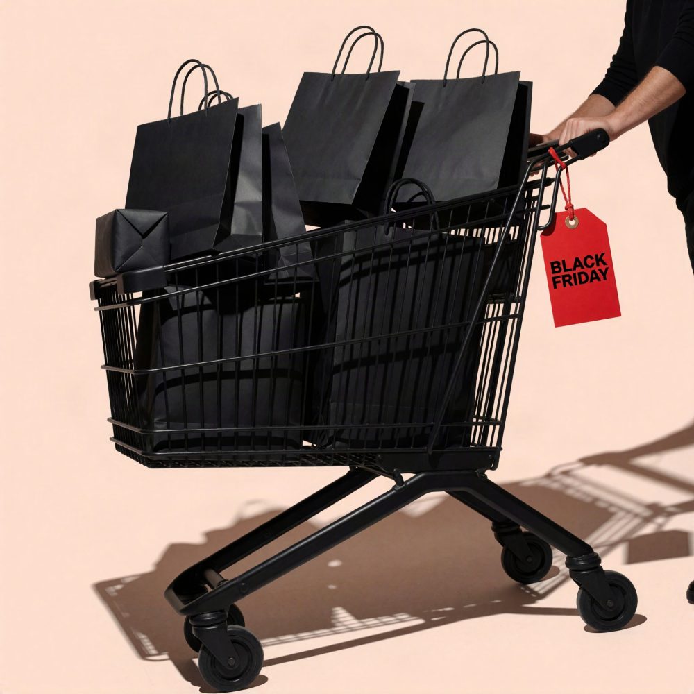 Carrinho de compras preto com sacos pretos e etiqueta vermelha Black Friday