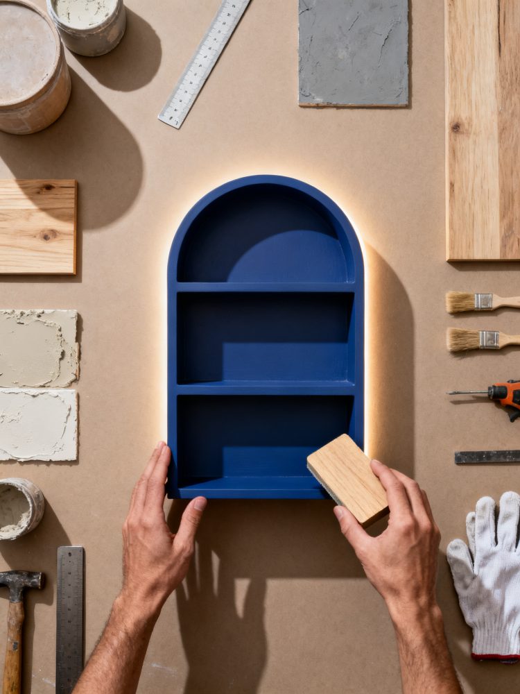 Mãos seguram estante azul com prateleiras rodeada de materiais de bricolage e ferramentas