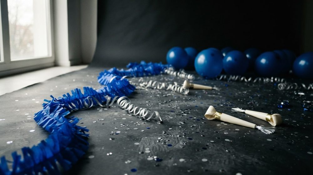 Decoração festiva de balões azuis, serpentinas prateadas e confetes sobre superfície preta
