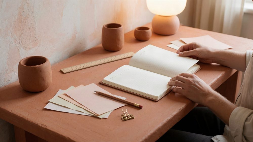 Mãos a folhear caderno numa mesa com artigos de papelaria e decoração em tom terracota