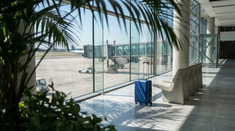Mala azul numa sala de espera do aeroporto junto a janelas grandes com vista para portão de embarque