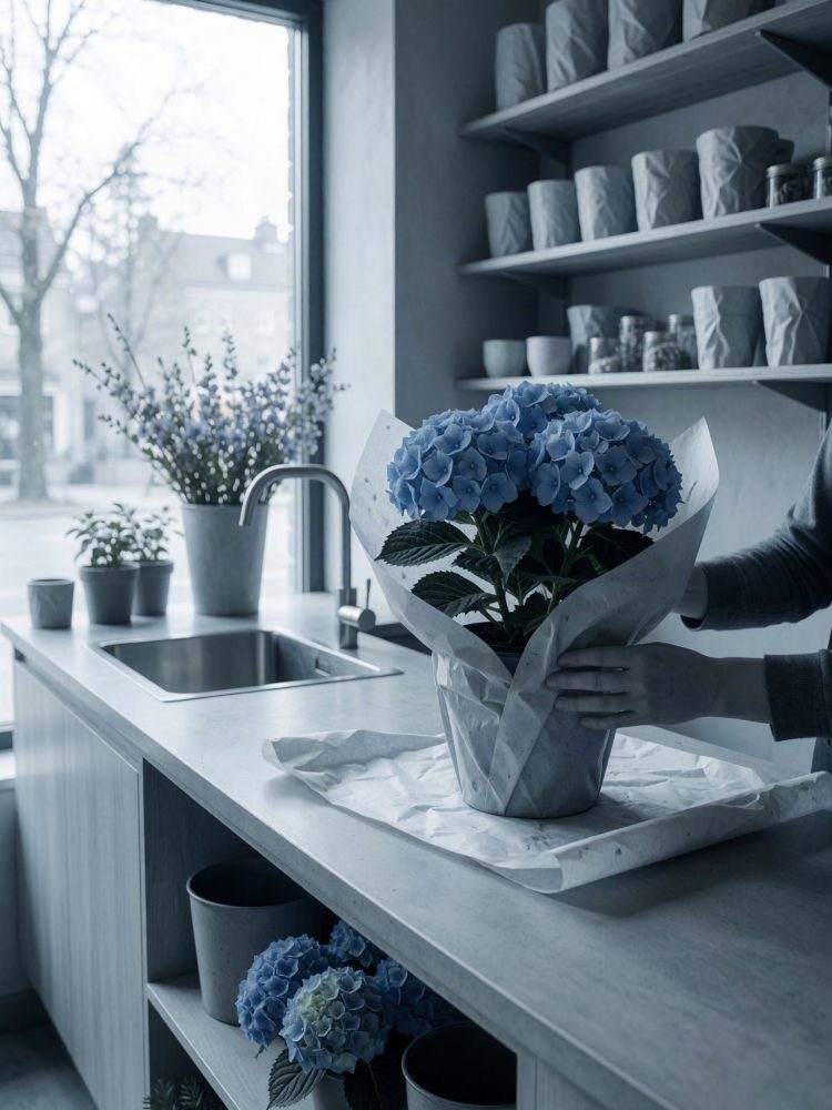 Flores azuis em vaso, envoltas em papel branco, sobre bancada com janela e plantas ao fundo