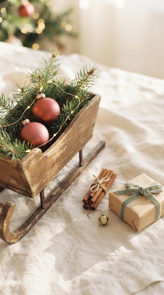 Trenó de madeira com bolas de Natal vermelhas, ramos de pinheiro, canela em pau e presente com laço verde