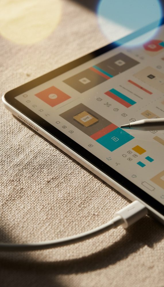 Tablet com interface de design digital, caneta e cabo USB sobre superfície texturada