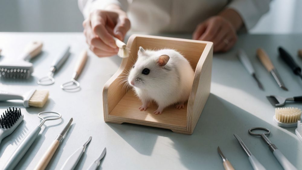 Hamster branco numa caixa de madeira rodeado por ferramentas de cuidado para animais sobre mesa branca