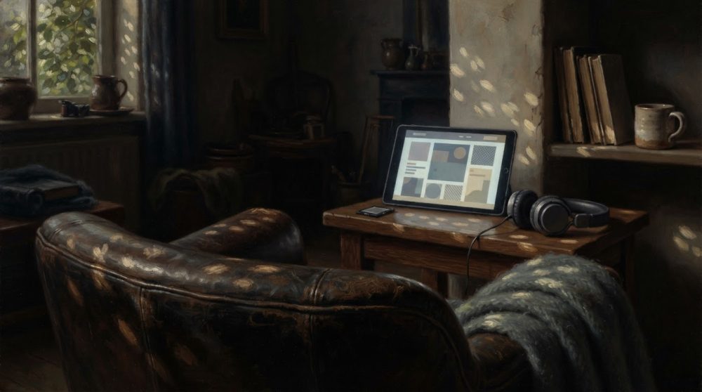 Espaço interior com tablet ligado, auscultadores, mesa de madeira, cadeira de couro e luz solar suave
