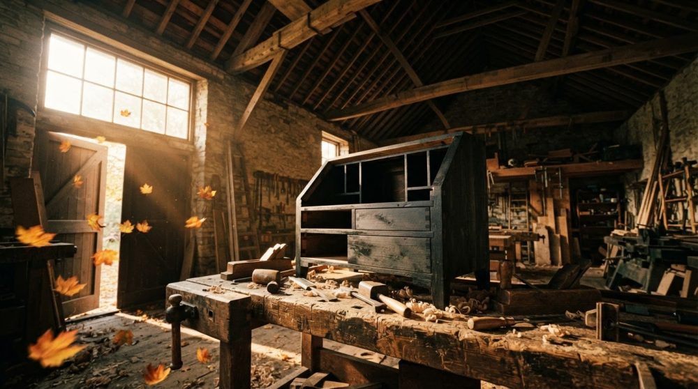 Oficina de carpintaria rústica com móvel de madeira escura numa mesa antiga e luz natural