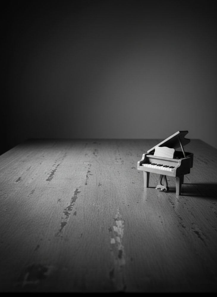 Mini piano de cauda em madeira sobre mesa com textura rústica e luz suave