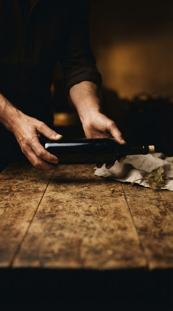 Mãos segurando garrafa de vinho tinto sobre mesa de madeira rústica com pano e folhas secas