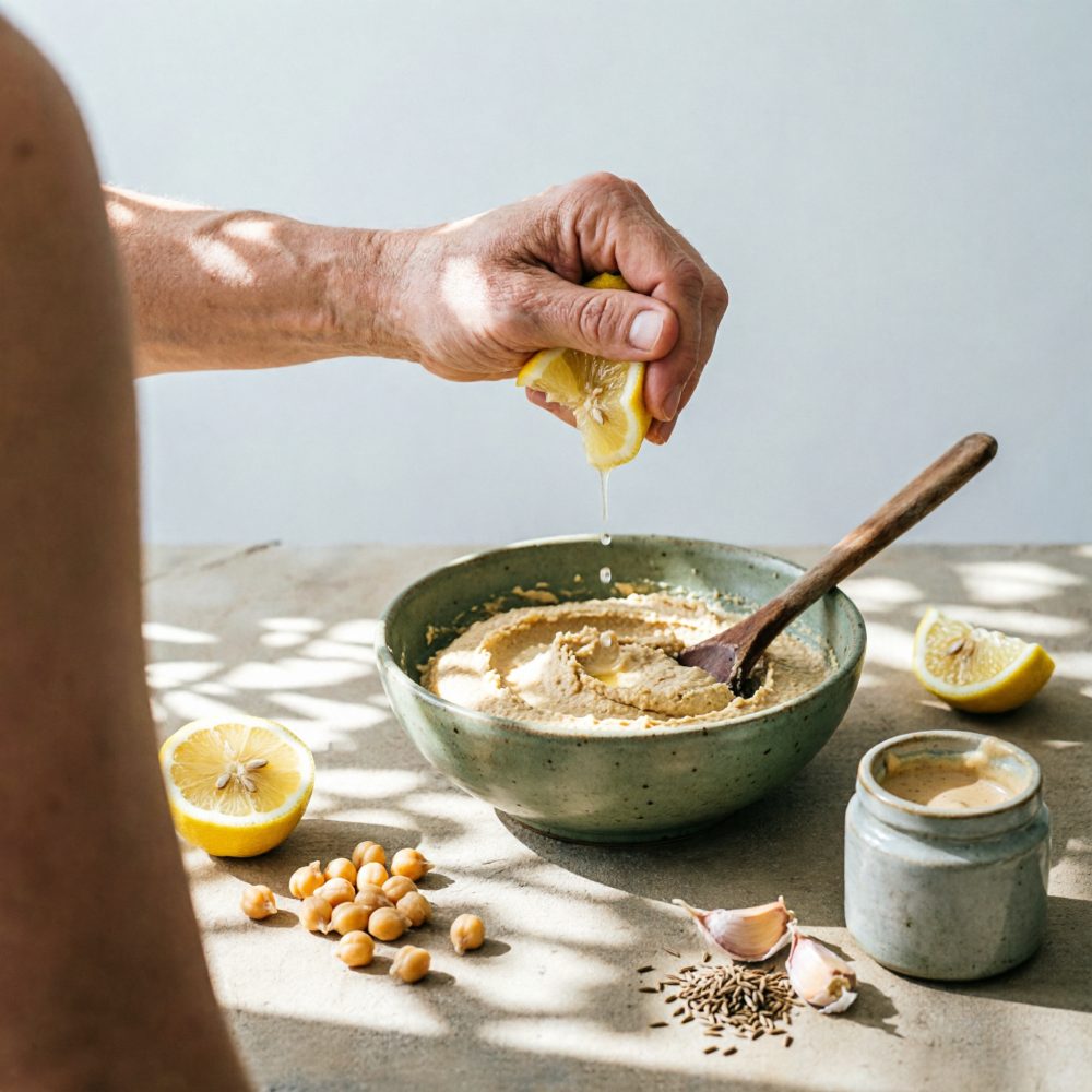 Mão a espremer limão sobre húmus com ingredientes naturais à volta na mesa