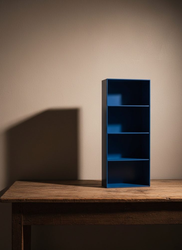 Estante azul de quatro níveis sobre mesa de madeira rústica com sombra ao fundo