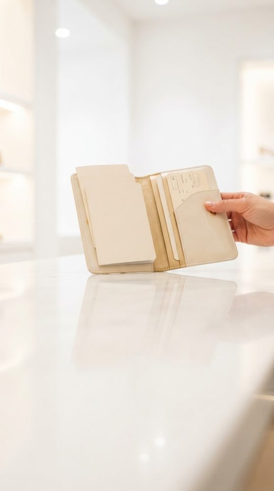 Mão segurando organizador de viagem bege com documentos e cartões