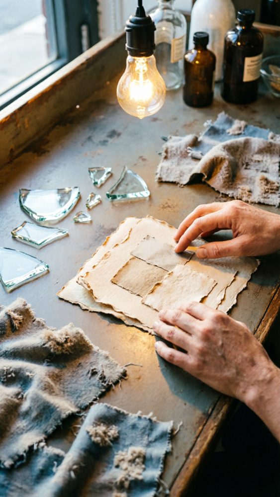 Mãos a organizar papel artesanal perto de pedaços de vidro partido e luz quente numa mesa de ateliê