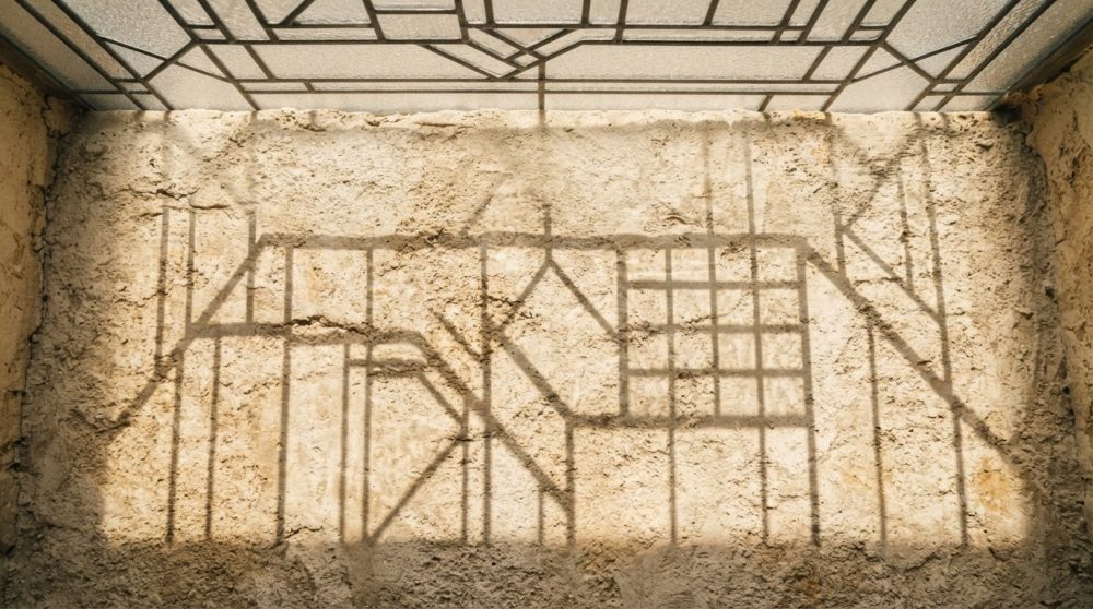 Sombras de estrutura metálica em padrão geométrico numa superfície rugosa creme