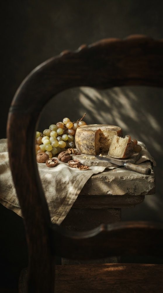 Queijo rústico cortado com uvas verdes e nozes sobre pedra com tecido, ao lado de faca, fundo sombreado