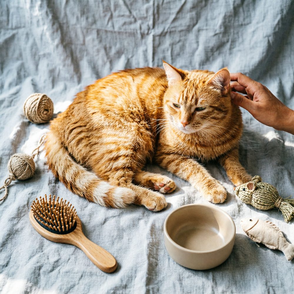 Gato laranja deitado numa manta azul com brinquedos, escova e taça, sendo acariciado na cabeça
