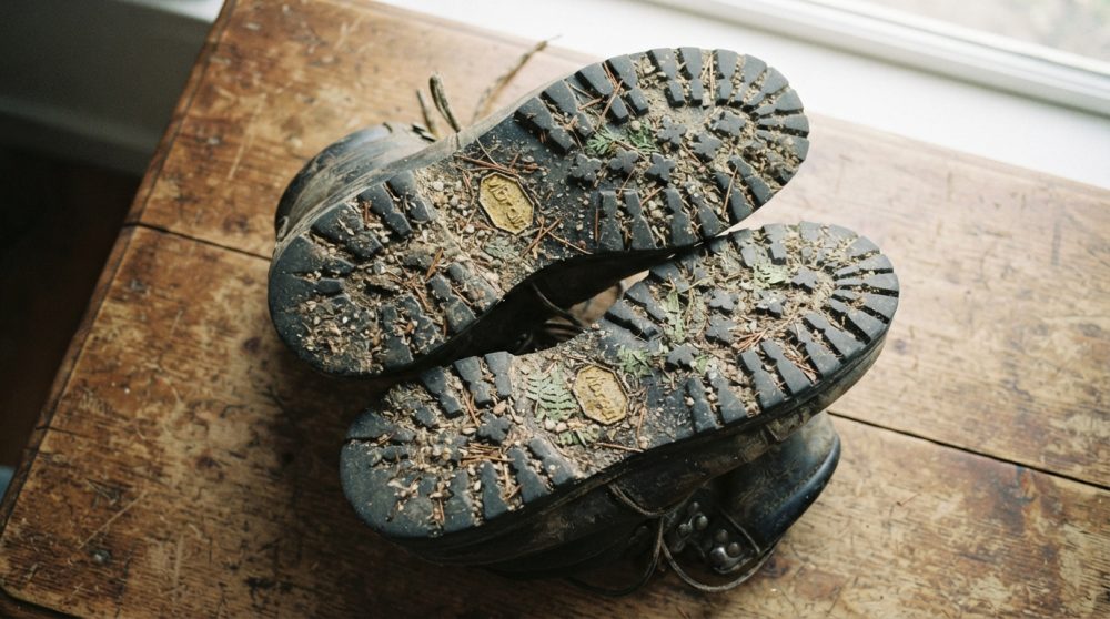 Botas de caminhada com solas sujas de lama e folhas sobre mesa de madeira