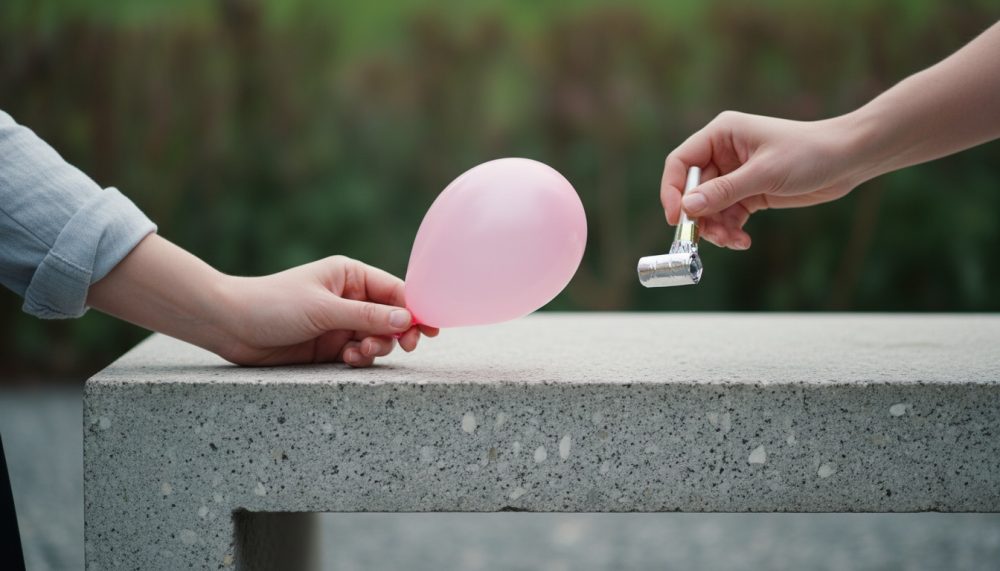 Mãos com balão rosa e apito de festa sobre banco de pedra cinzento exterior