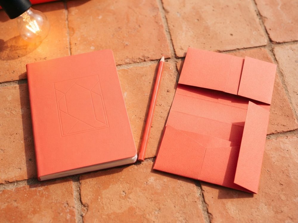 Caderno, lápis e envelope laranja sobre chão de azulejos rústicos