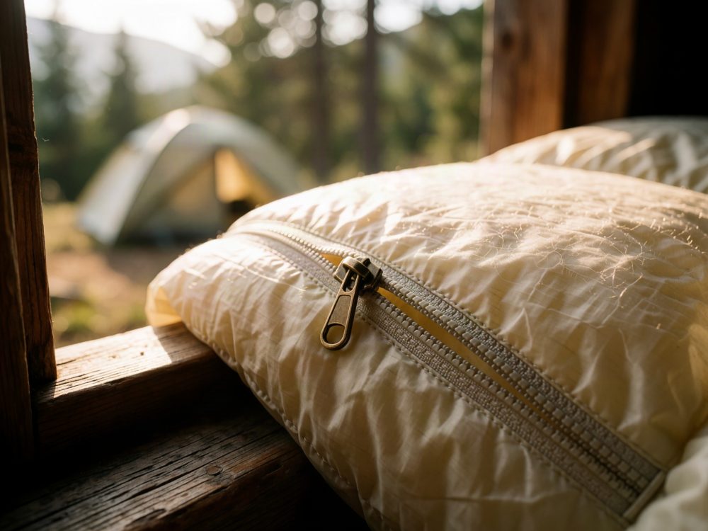 Saco-cama bege com fecho metálico sobre madeira rústica e tenda desfocada ao fundo na natureza
