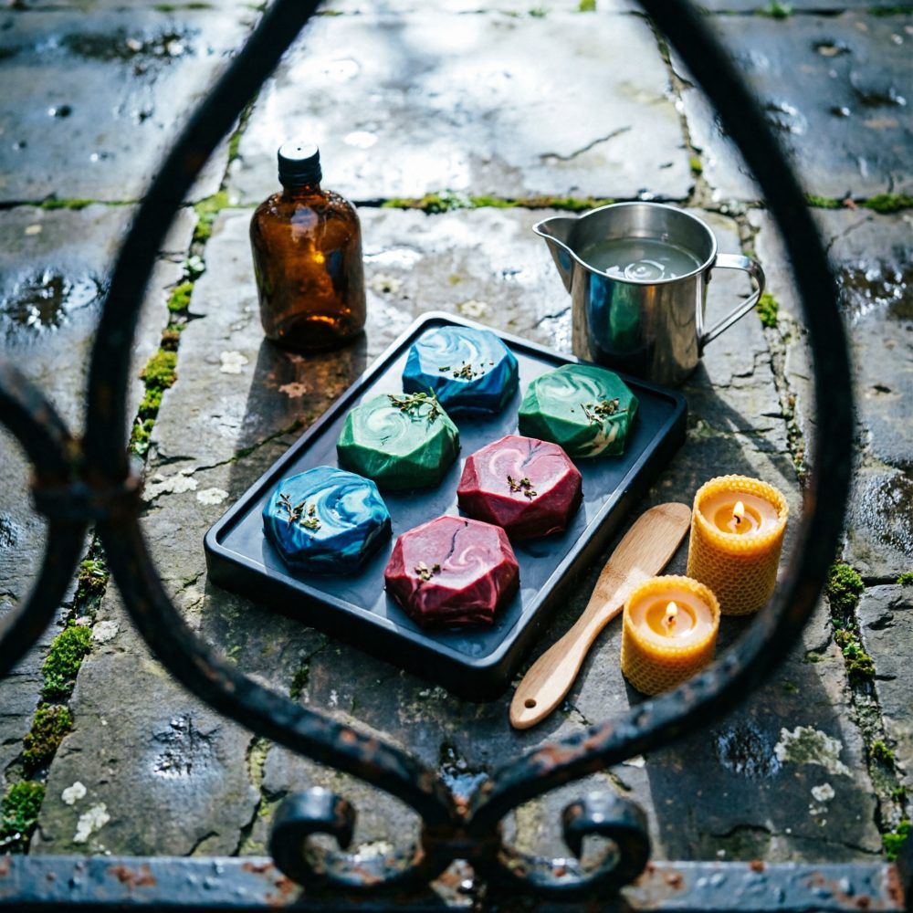 Sabonetes artesanais coloridos em base preta com velas e frascos sobre chão de pedra molhada