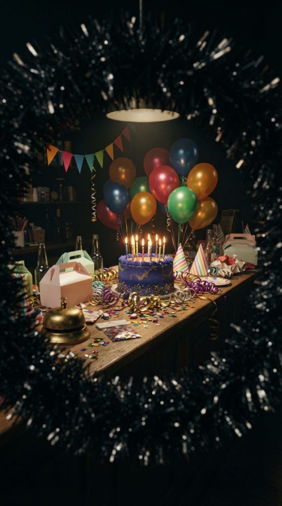 Mesa de aniversário decorada com bolo azul e velas acesas, balões coloridos, chapéus e confetes